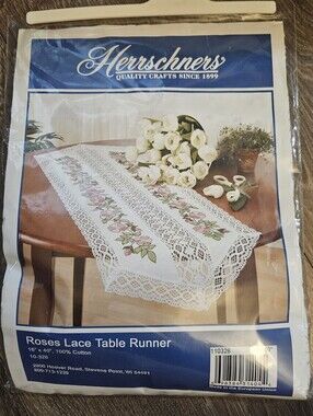 Roses Lace Table Runner - White with Pink Roses. Stamped Cross Stitch Kit